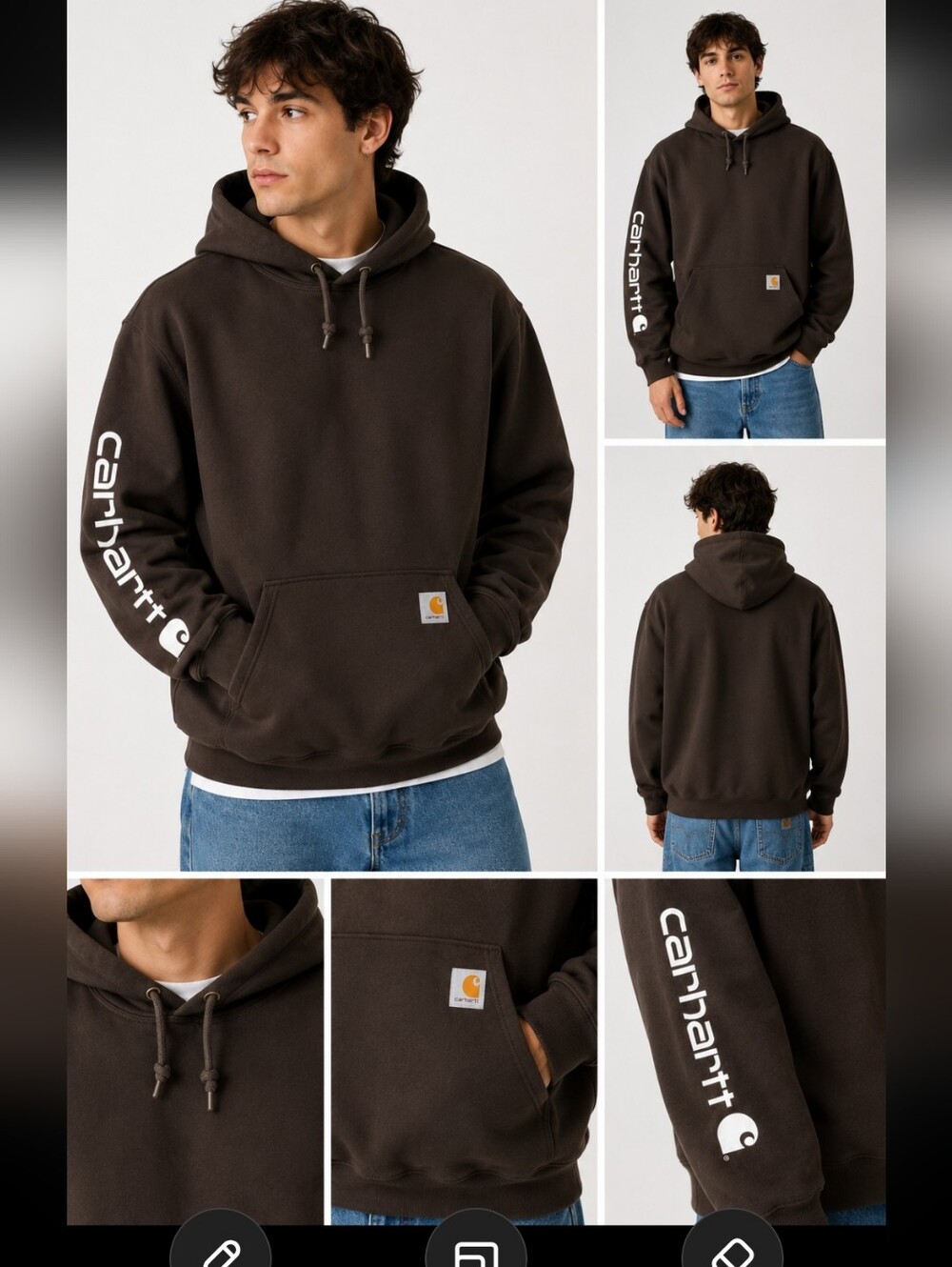 Carhartt K288 Original Fit Logo Sleeve Pullover Hoodie Brown Men's LargeCarhartt